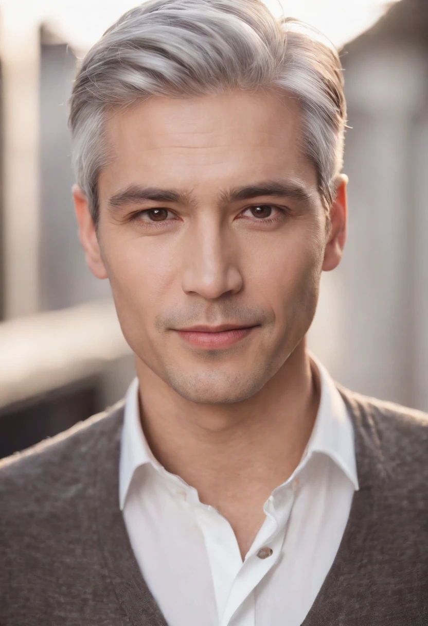 Portrait of handsome man 40 years old round face cinematic appearance、Silver hair、Brown jacket、White button-down shirt、kindly smile、Photography, Male perfection,  Black eyes, Hyper realistic, 8K - V 4、50-year-old dandy gentleman、Gentle eyes、Gray hair、Looking straight ahead at the camera、Gentle expression