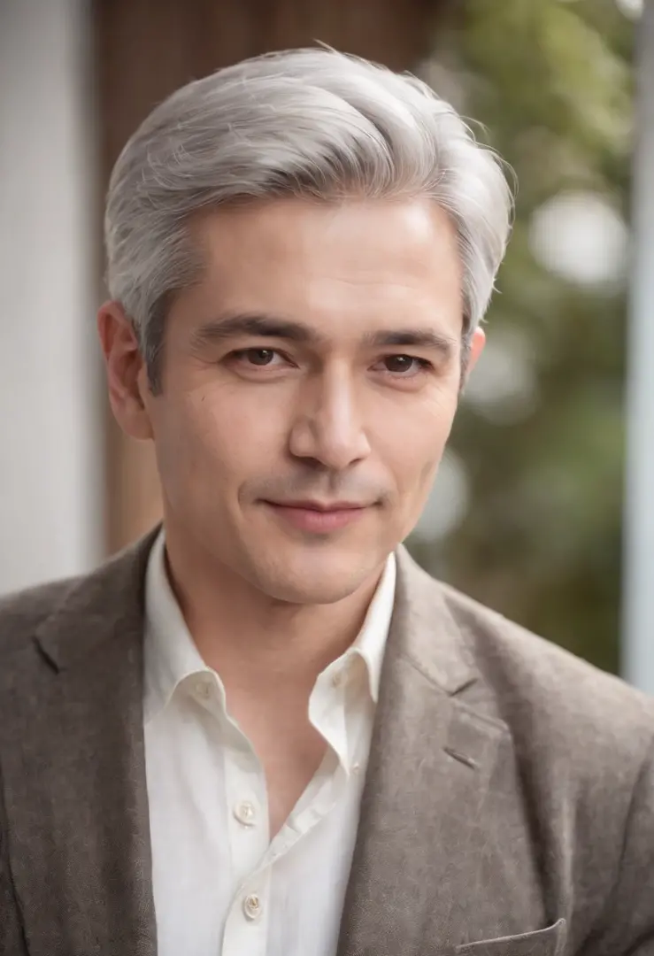 Portrait of handsome man 50 years old round face cinematic appearance、Silver hair、Brown jacket、White button-down shirt、kindly smile、Photography, Male perfection,  Black eyes, Hyper realistic, 8K - V 4、50-year-old dandy gentleman、Gentle eyes、Gray hair、Looki...