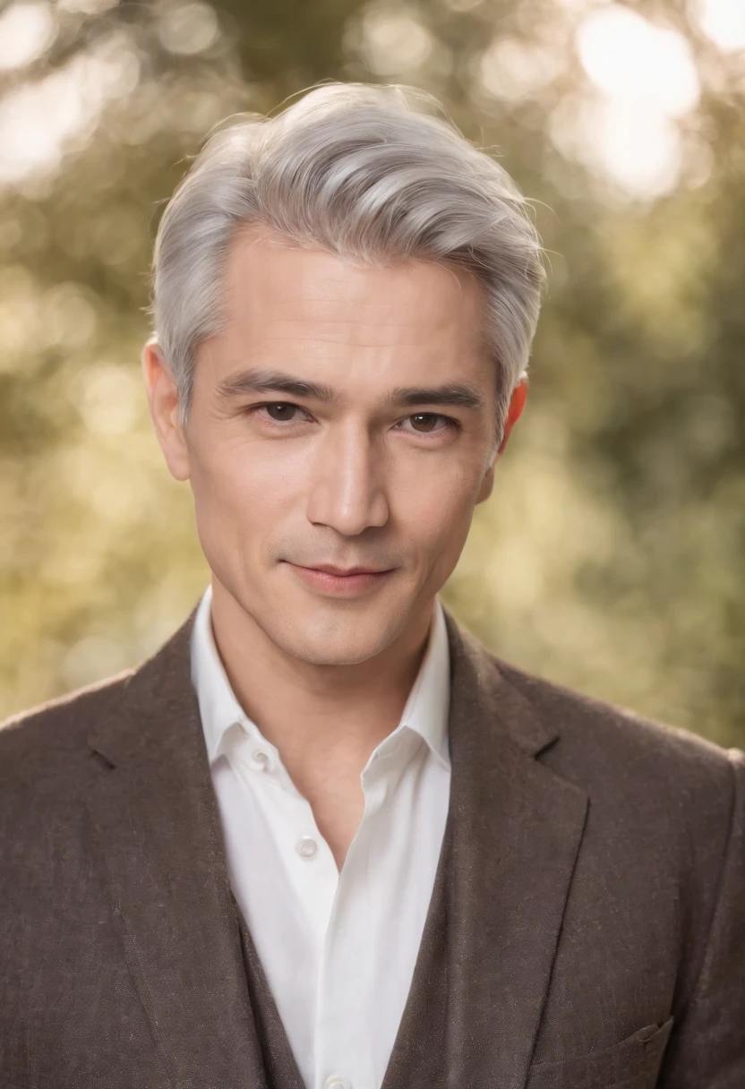 Portrait of handsome man 50 years old round face cinematic appearance、Silver hair、Brown jacket、White button-down shirt、kindly smile、Photography, Male perfection,  Black eyes, Hyper realistic, 8K - V 4、50-year-old dandy gentleman、Gentle eyes、Gray hair、Looking straight ahead at the camera、Gentle expression