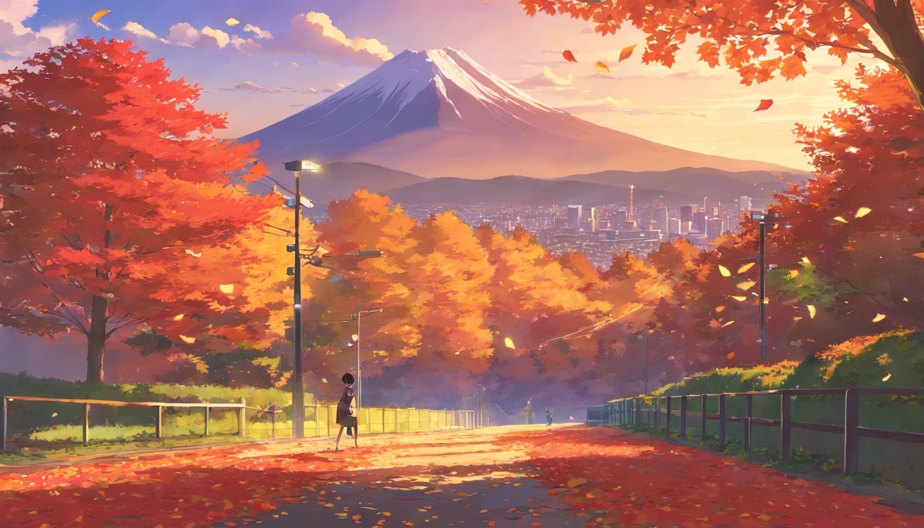 Autumn leaves in Japan、Autumn leaves that look like the mountains are burning、Sunset、Autumn leaves that look red in the setting sun、