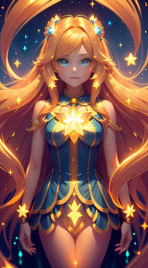 magical girl, golden long hair, sparkle, vibrant, bioluminescence, 8k