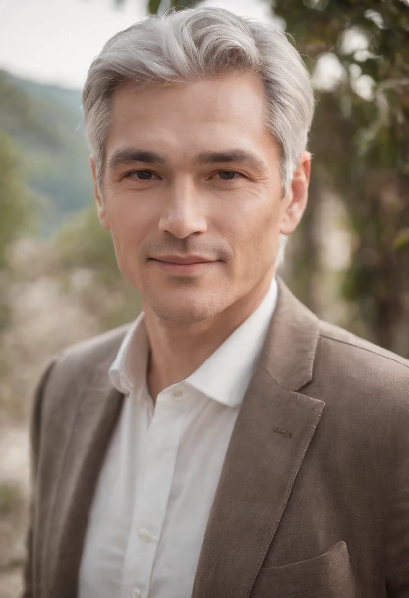 Portrait of handsome man 50 years old round face cinematic appearance、Silver hair、Brown jacket、White button-down shirt、kindly smile、Photography, Male perfection,  Black eyes, Hyper realistic, 8K - V 4、50-year-old dandy gentleman、Gentle eyes、Gray hair、