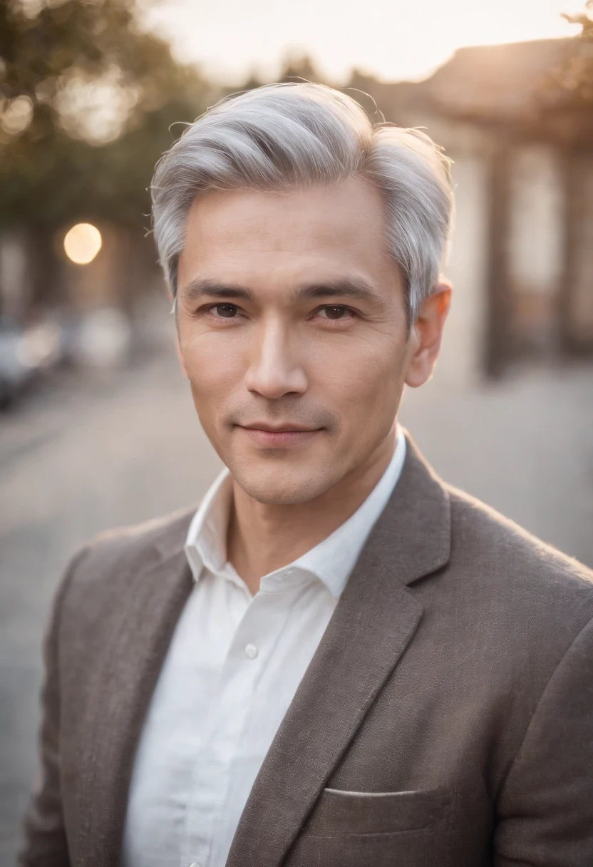 Portrait of handsome man 50 years old round face cinematic appearance、Silver hair、Brown jacket、White button-down shirt、kindly smile、Photography, Male perfection,  Black eyes, Hyper realistic, 8K - V 4、50-year-old dandy gentleman、Gentle eyes、Gray hair、