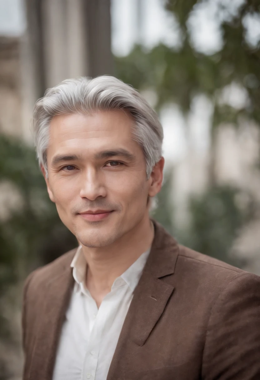 Portrait of handsome man 50 years old round face cinematic appearance、Silver hair、Brown jacket、White button-down shirt、kindly smile、Photography, Male perfection,  Black eyes, Hyper realistic, 8K - V 4、50-year-old dandy gentleman、Gentle eyes、Gray hair、