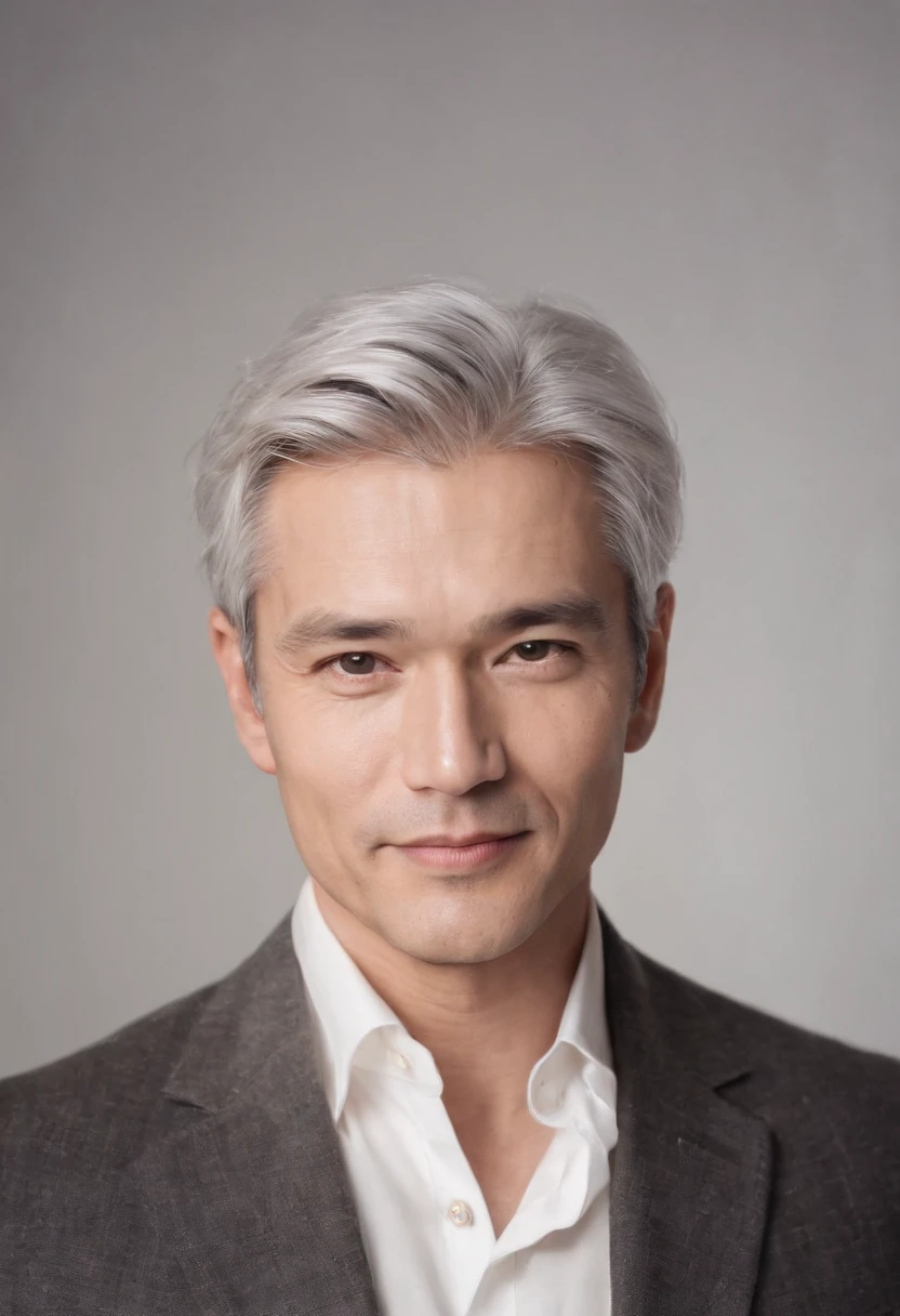 Portrait of handsome man 50 years old round face cinematic appearance、Silver hair、Brown jacket、White button-down shirt、kindly smile、Photography, Male perfection,  Black eyes, Hyper realistic, 8K - V 4、50-year-old dandy gentleman、Gentle eyes、Gray hair、