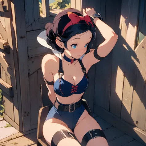 araffe snow white, snow white, modern disney style, cartoon style, red bow, blue eyes, short black hair, sitting on a window sill with a black bra and cuffs, wrapped in leather straps, leather cuffs around wrists, restrained, harnesses and garters, handcuf...