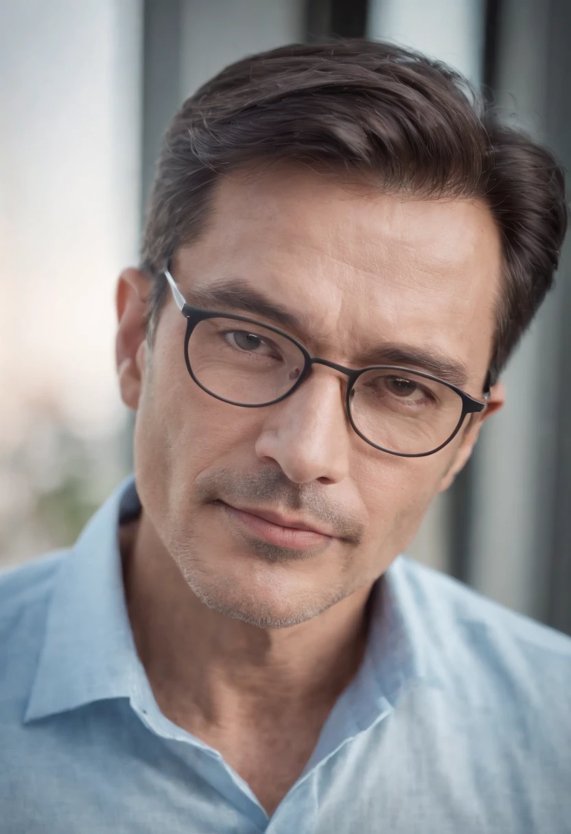 Portrait of handsome man 50 years old round face cinematic appearance、Light blue shirt with collar、Wearing stylish silver-rimmed glasses、Looking at the camera