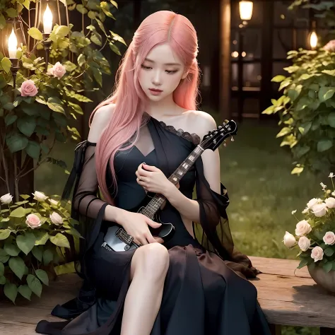 In the moonlit pink roses garden, a girl in a flowing black dress strums a guitar gently and pink hair. Her beautiful detailed e...