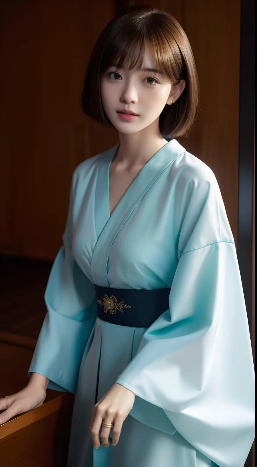 Top quality, Masterpiece, High definition, 1girll, Beautiful and perfect face, Bob cut, Japanese clothing,komono, Intricate details, SENSE OF CINEMA, 8K, Very detailed