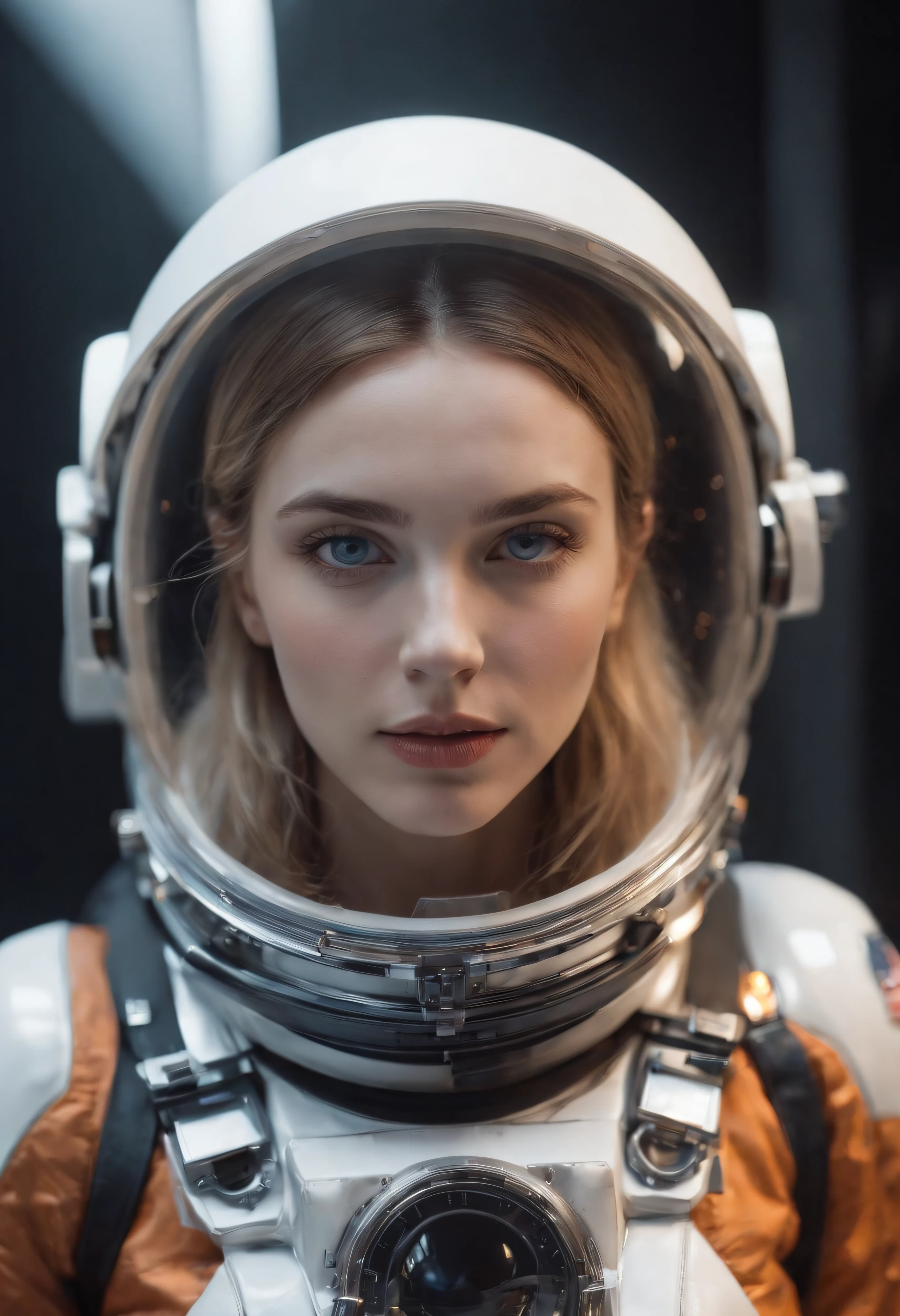 Beautiful astronaut 2 woman 1950 , Deep Blue Eyes, Metallic white orange detail clothing, Cinematic, photo shot, Half backlight, Backlight, Dramatic Lighting , Incandescent, Soft lighting, insanely detailed and intricat, Hyper maximalist, Art that is not Gwaits style, Elegant Pose, Dynamic, Photography, Volumetric , ultra-detailliert, intricate detailes, An ultra-detailed masterpiece by Gwise, futuristic environment