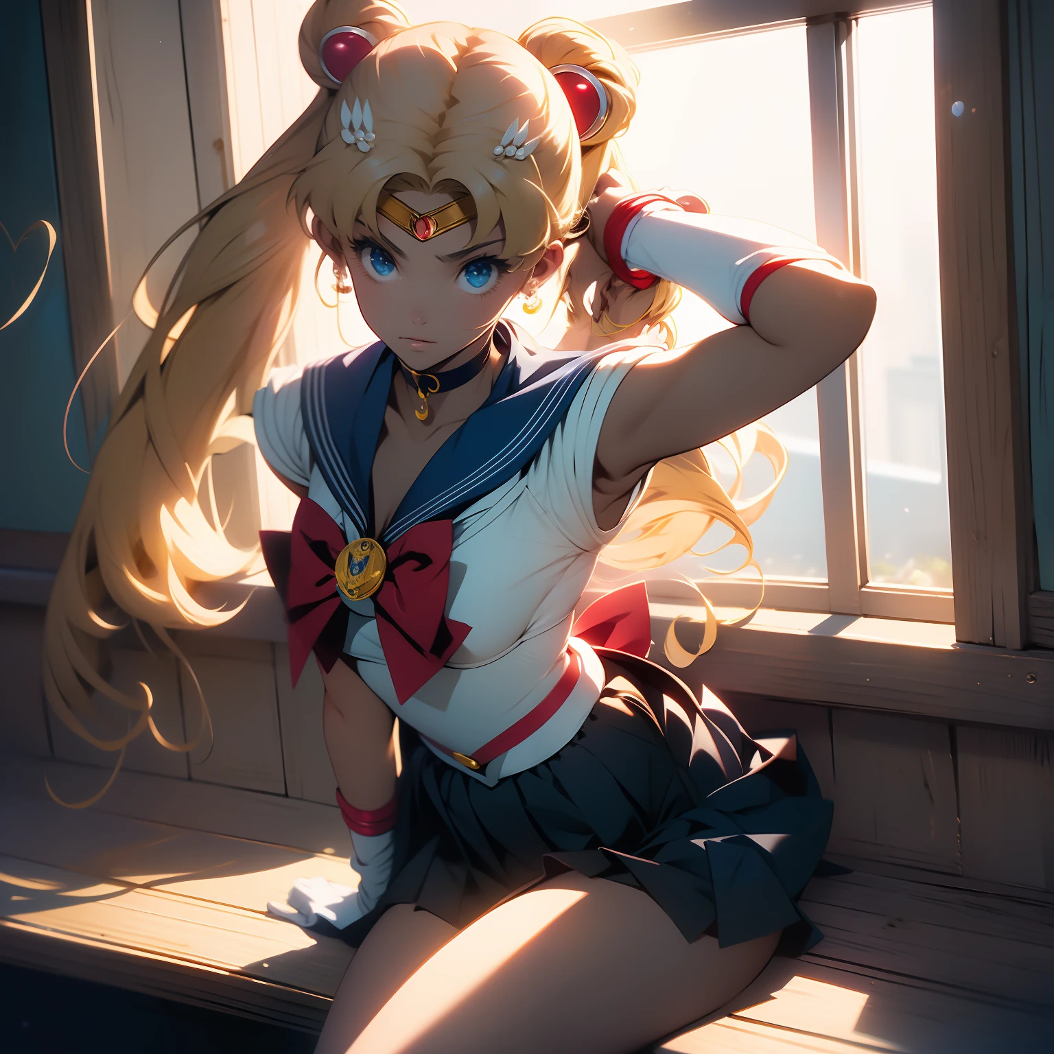 (masterpiece, best quality ) (sailor moon) aausagi, blonde, ywllow hair, hands chained to the ceilling, lifting arms above head, double bun, twintails, parted bangs, circlet, jewelry, earrings, choker, red bow, white gloves, elbow gloves, blue skirt style, red bow, blue eyes, short black hair, sitting on a window sill with a black bra and cuffs, wrapped in leather straps, leather cuffs around wrists, restrained, harnesses and garters, handcuffed, handcuffs,  dominant pose, sexy dominant pose,