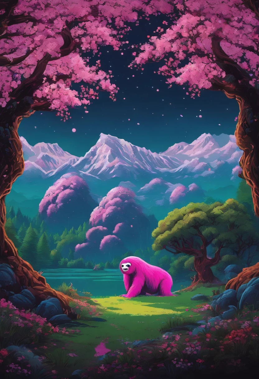 A painting of a pink bear in a forest with mountains in the background ...