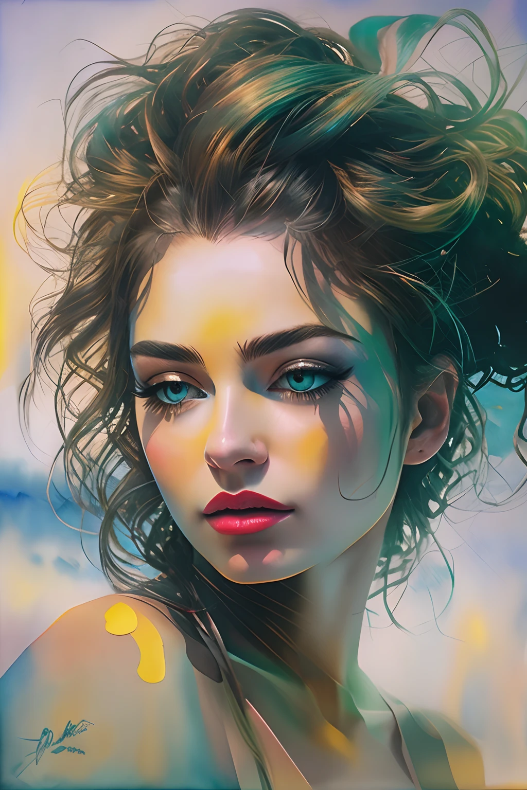 Silhouette of beautiful goddess with hair in a bun, Gorgeous eyelashes, Composite with mixed ocean scenes, Background by Ilya Kuvshinov and Annie Leibowitz、 Synthwave watercolor on canvas、 trending on artstationh 、dramatic  lighting、 abstract expressionism、 Pastel tones、 Hue (hard disk)、 the golden ratio、 detaileds、 Aesthetic octane、 rendered、 excellent composition 、Natural texture、 8K、 oil painitng、 ​masterpiece、 Canon EOS R4s 50、