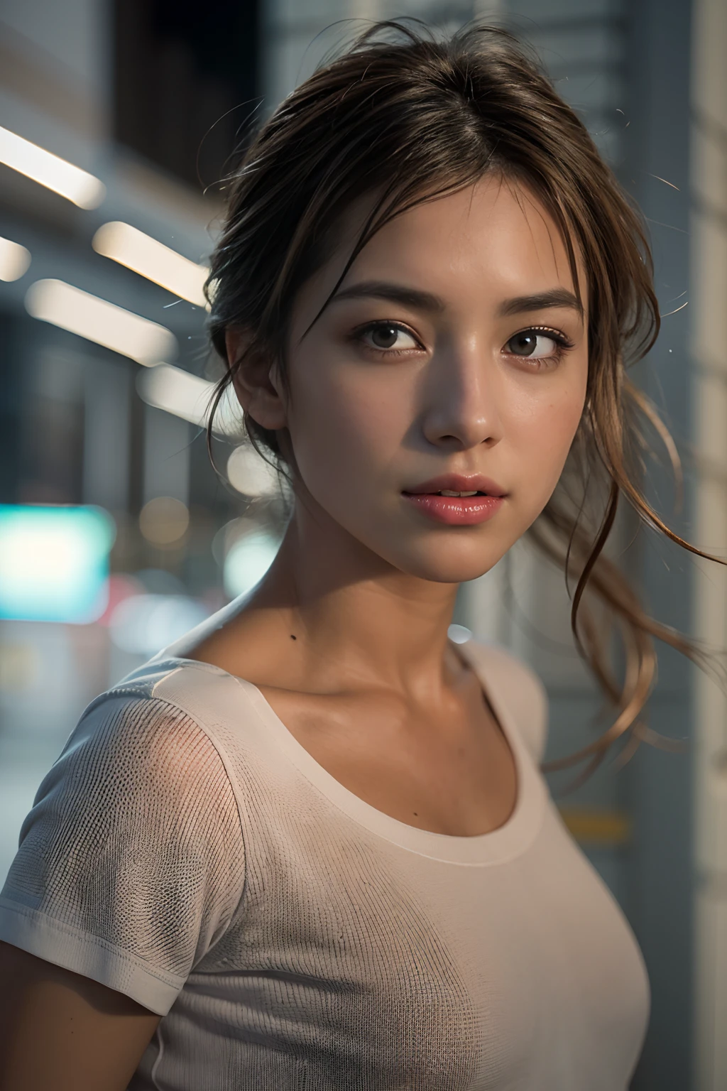 Photorealsitic, hyper realisitic, realisitic, Smooth lighting, Improved lighting quality in movies, 8K, ((1girl in)), 20 years girl, Realistic lighting, Back lighting, Facial light, raytrace, brightened light, Top quality real texture skins, Close-up from chest up, tshirts, Increase the beauty of skin texture