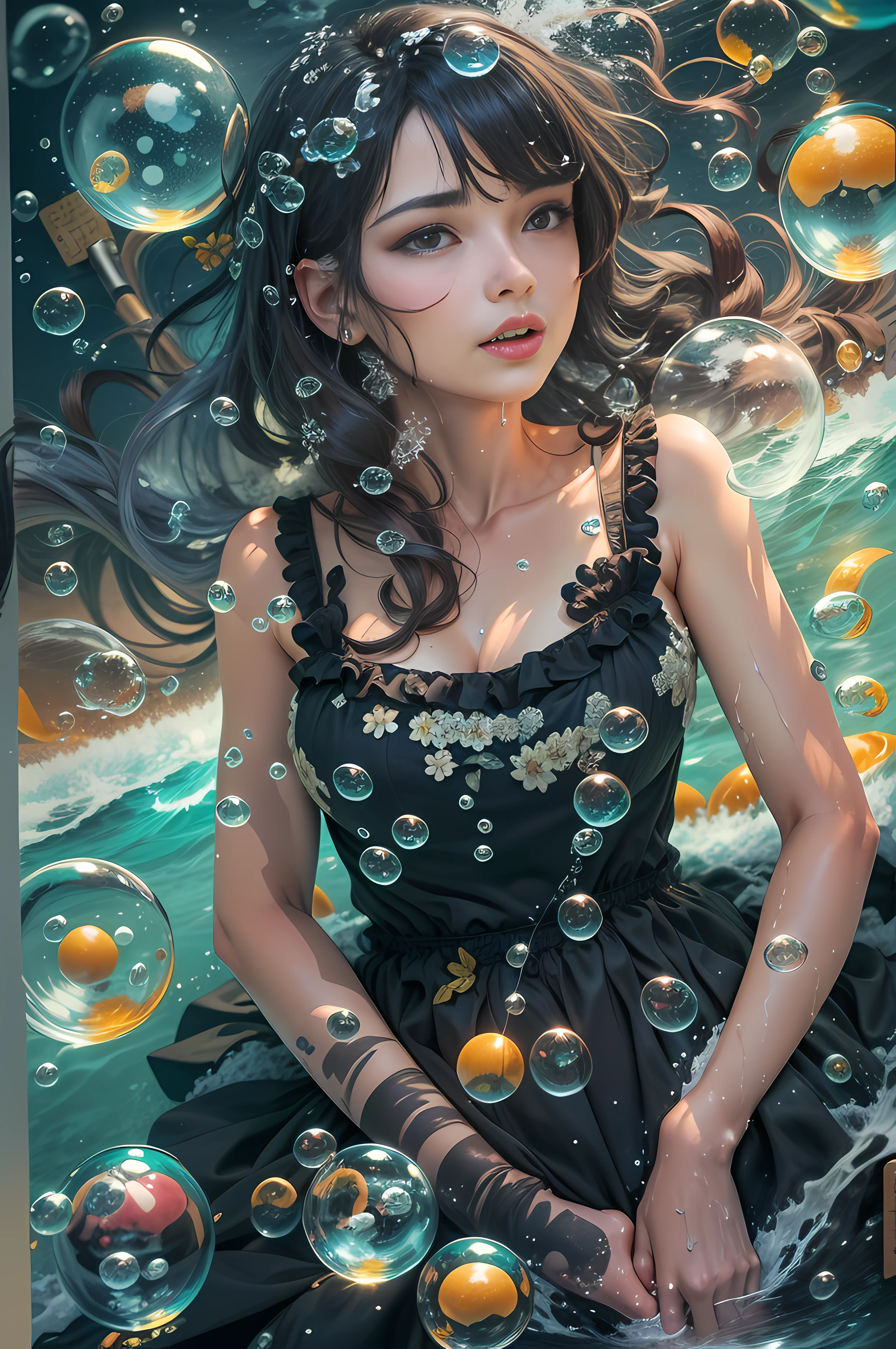 A woman in a black dress sitting on a bed of bubbles - SeaArt AI