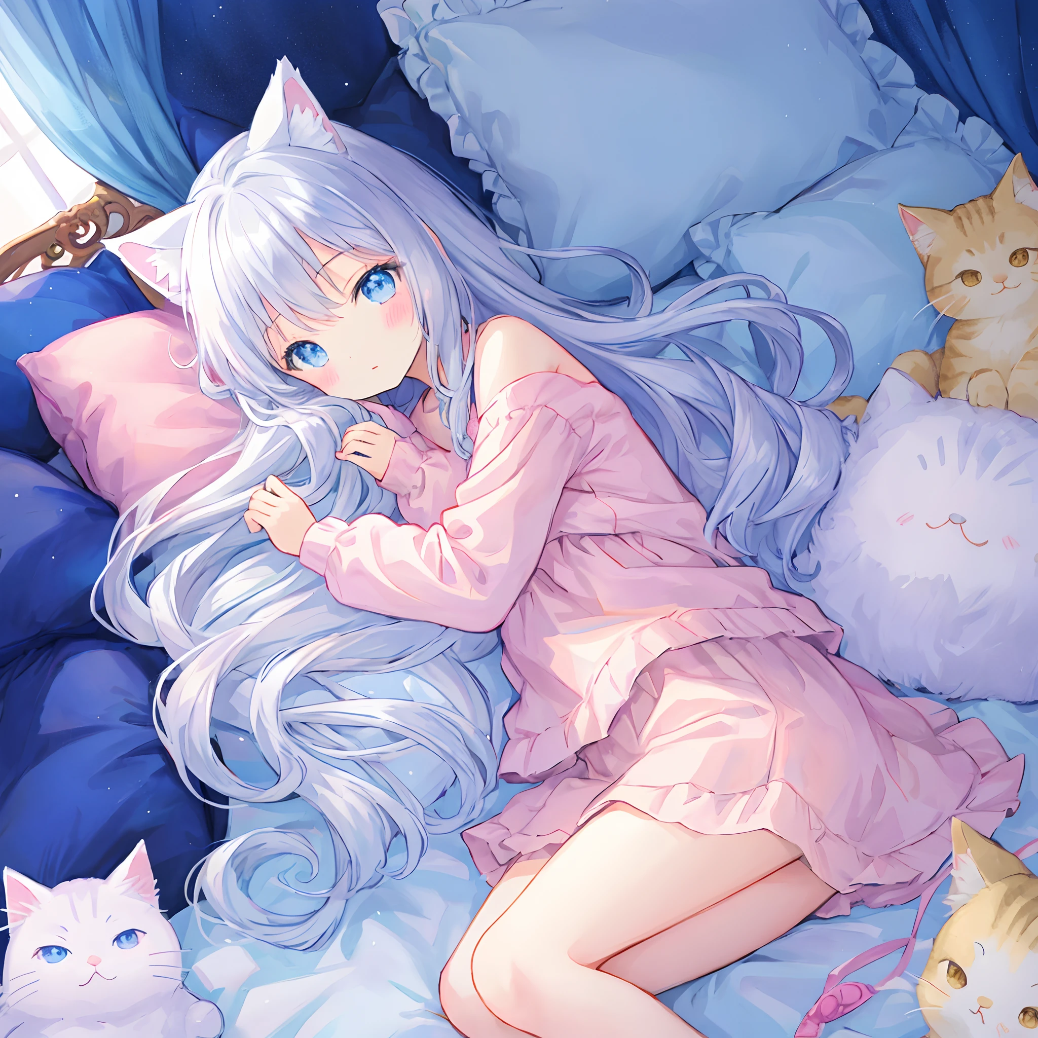 Chica anime acostada en una cama con un montón de gatos - SeaArt AI