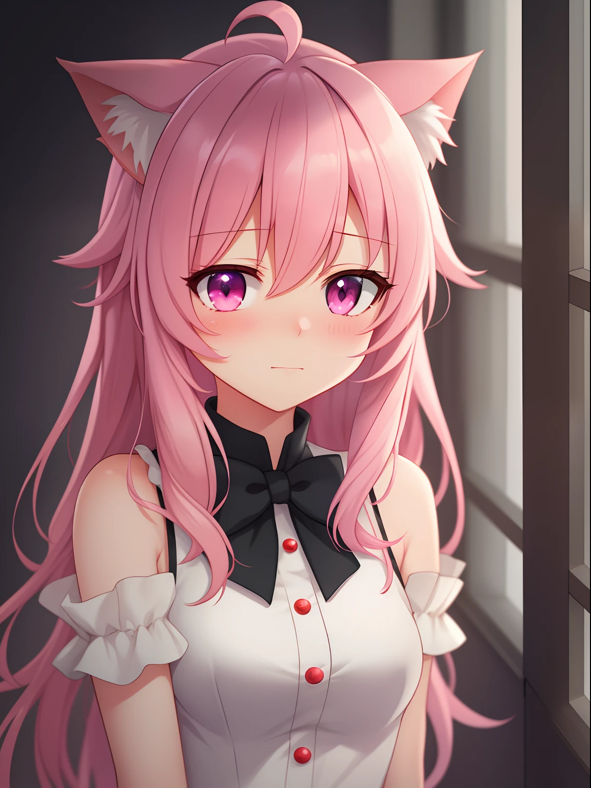 pink hair, Ahoge Heart, Shy, Blush, Eye Blush, Full blush, Cinematic lighting, drop shadow, Anime style, UHD, masterpiece, textured skin, anatomically correct, High Quality, high-detail，Anime Girl In Love，Very shy....... cat ears girl,Light pink eyes,Cute dress