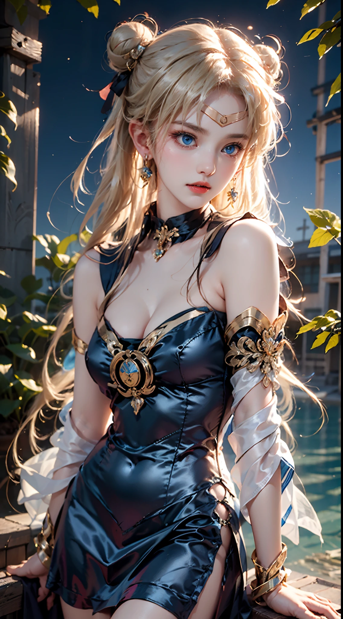 photorealistic, masterpiece, photorealistic, high resolution, soft light, hips up, (blue eyes, blonde hair), long hair,  (silk and Ribbon in front:1.3),earrings,filigree,detached sleeves,wide sleeves, (armlet:1.2),jewelry, (cleavage,bare shoulder,strapless,Simple Choker,tube dress,no bra:1.1), ------------------------------- (sky,idle animation,simple background,Leaves and plant in front :1.2), ------------------------------- (meishaonv,blue eyes,tsukino usagi,double bun,sailor collar,crescent,sailor moon:1.2), back view