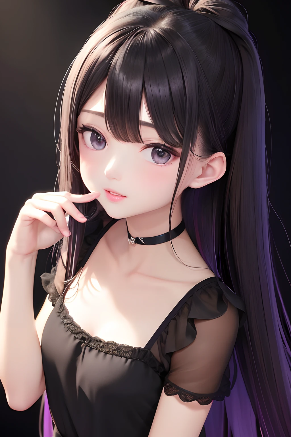 （Black background）（Piano performance）（Twin-tailed）(a very delicate and beautiful）、a very delicate and beautiful)、（Dark hair）（tshirts）（Purple Mesh））(Black shirt)、dynamic ungle、portlate)、(smooth hair)、（Big eyes）beautiful countenance、de pele branca、depth of fields、radiant lips、Black background、