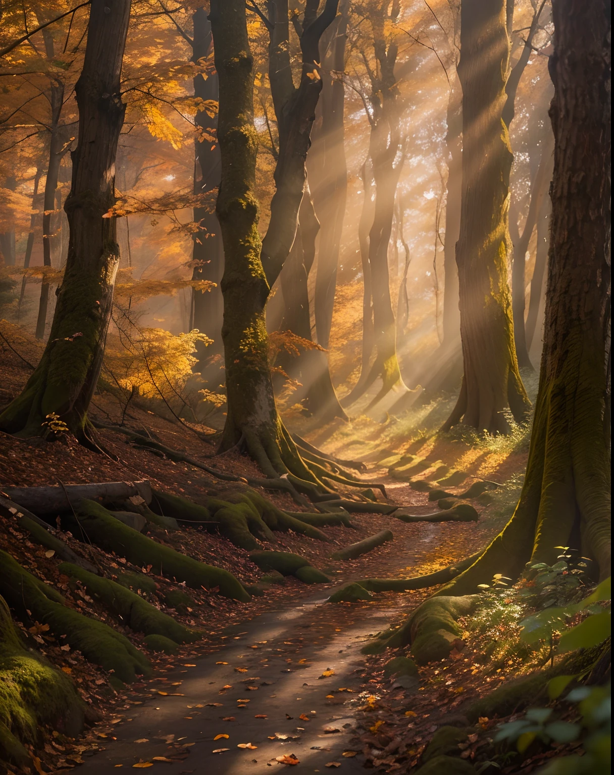 Una escena de otoño detallada, rayos de sol, cinematográfico, épico, Forest, Fantasy Forest, colores terrosos, lente de 200 mm, F/2.0, obra maestra, mejor calidad