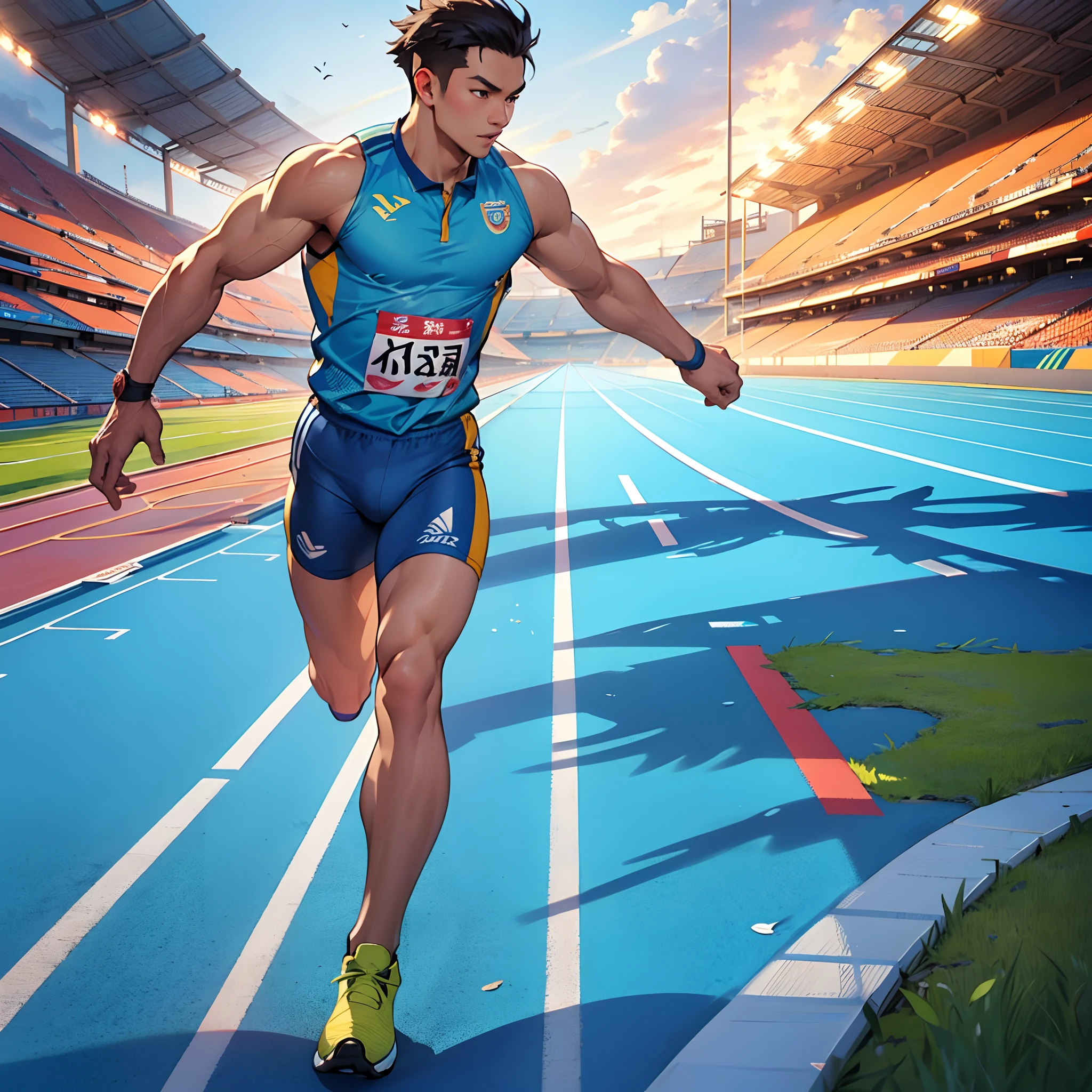 UHD, anatomically correct, super detail, textured skin, masterpiece，Asian games，1 running man(track and field athlete)，Detailed sports field background