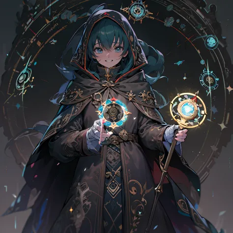 Anime artstyle, holding a staff, grinning, surrounded by magic circles, wearing a stylish dark cloak, wrapped in bandages,full b...