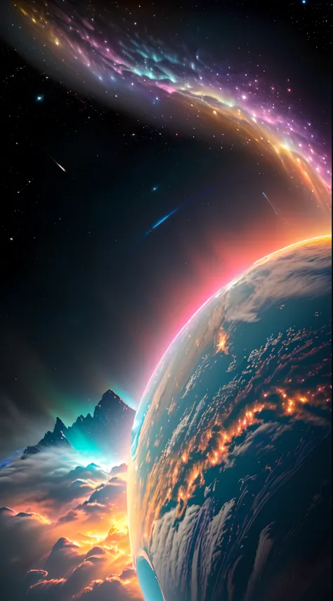 dublex ((((8k)))) HD photo extremely detailed render (((iridescent))) planet, yellow-pink electric snow landscape, some biological features on the planet’s surface are so massive they can been seen from space, cities can be seen from space ((lights)) ((swi...