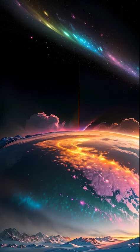 dublex ((((8k)))) HD photo extremely detailed render (((iridescent))) planet, yellow-pink electric snow landscape, some biological features on the planet’s surface are so massive they can been seen from space, cities can be seen from space ((lights)) ((swi...