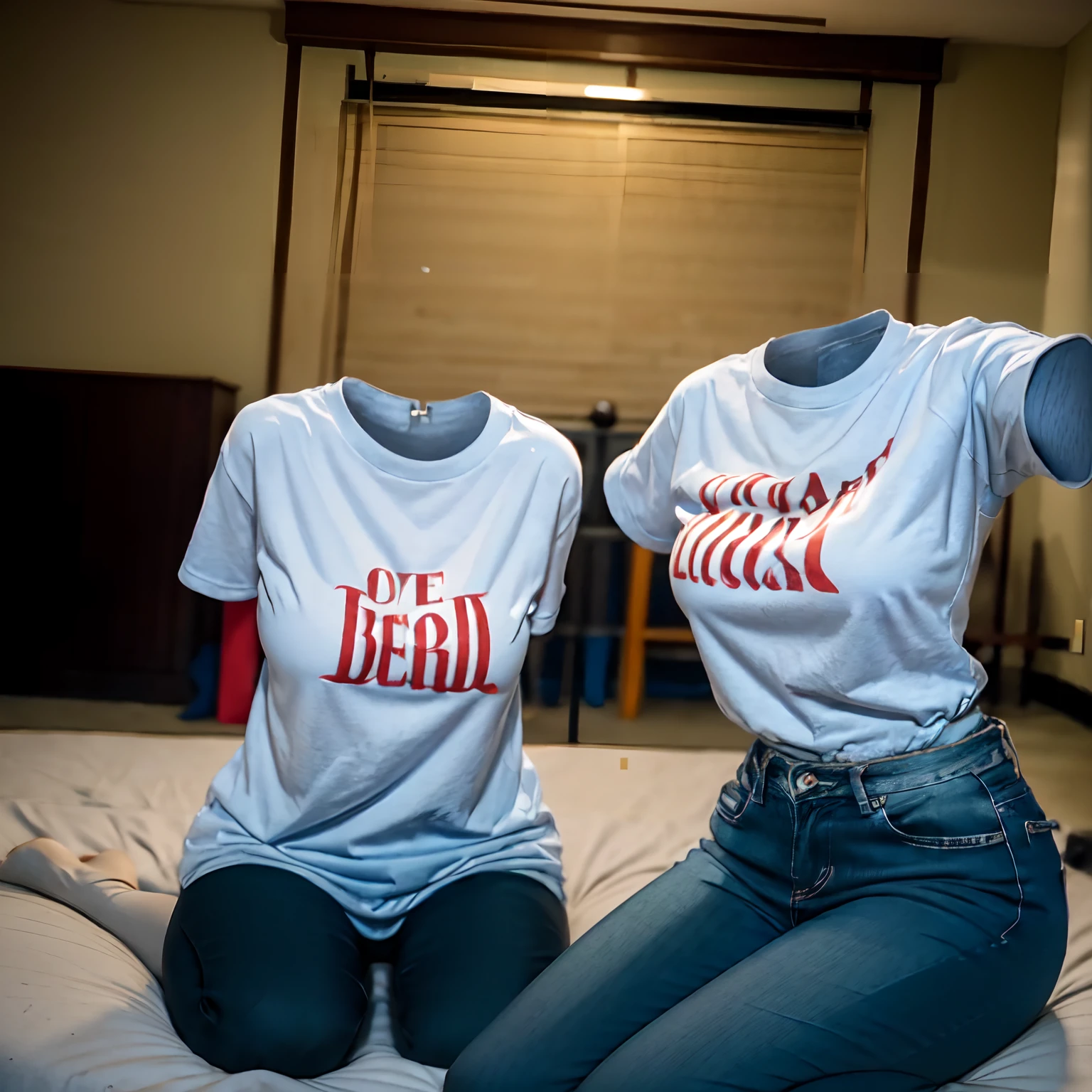 Two women sitting on a bed wearing t - shirts that read dead - SeaArt AI