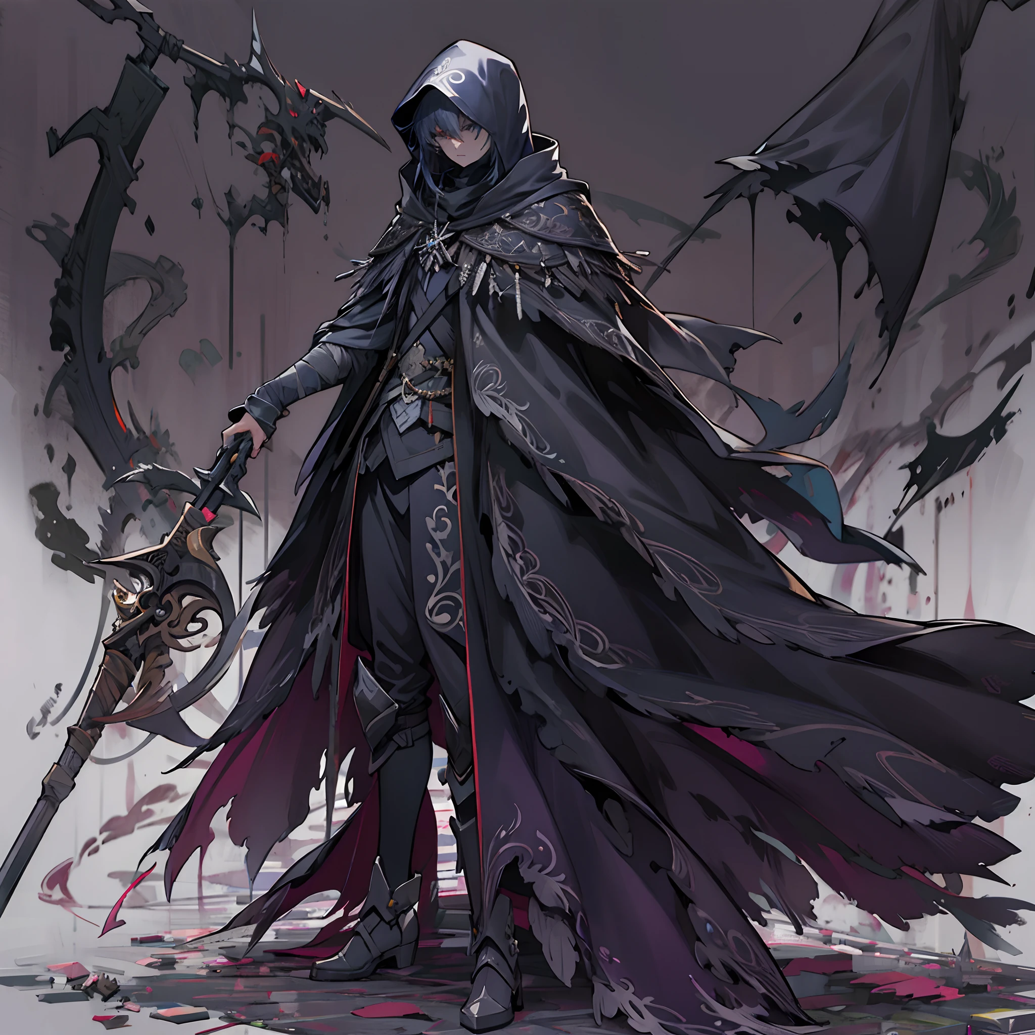 Anime artstyle, holding a scythe, wearing a stylish dark cloak, wrapped in bandages,full body,white background, wallpaper, HD quality, extremely detailed, highest quality digital art