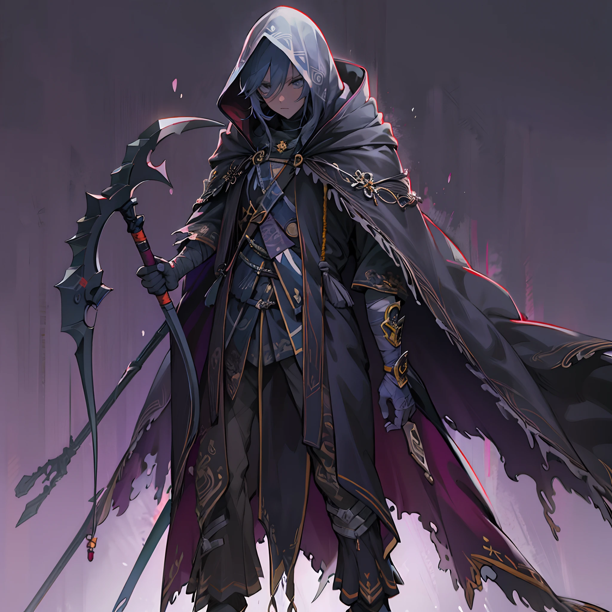 Anime artstyle, holding a scythe, wearing a stylish dark cloak, wrapped in bandages,full body,white background, wallpaper, HD quality, extremely detailed, highest quality digital art