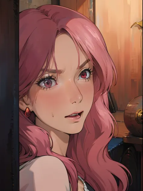 a mature woman with long pink hair, red eyes, and angry face