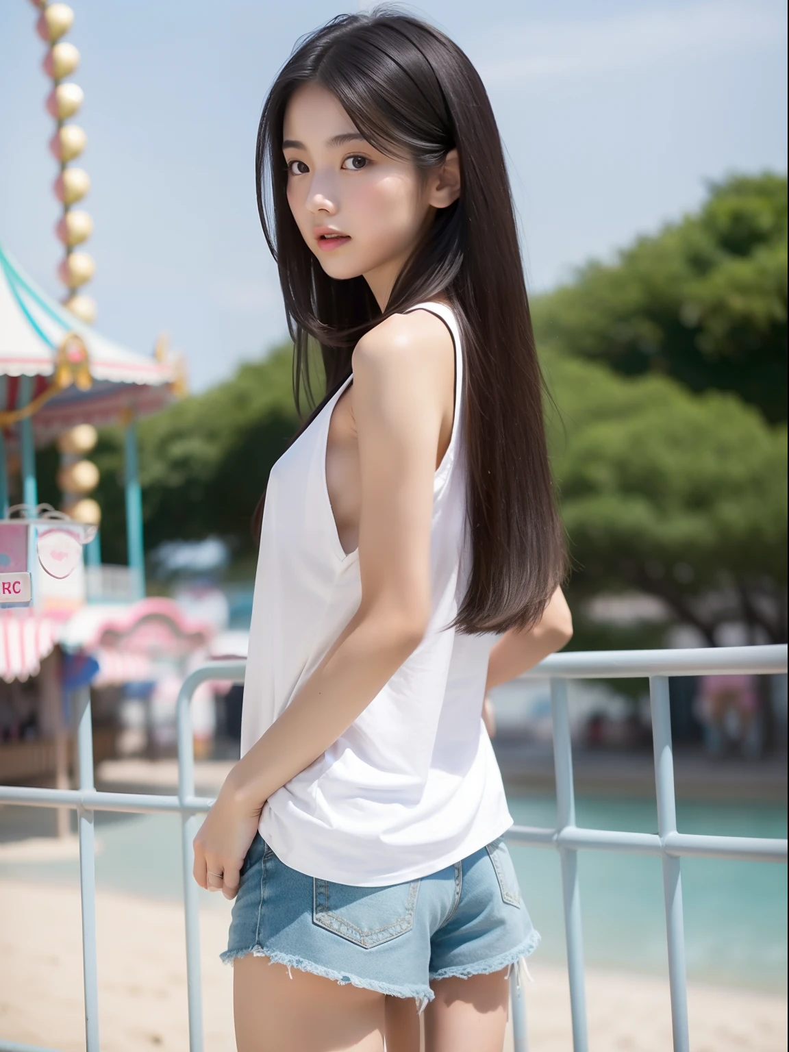 Looks Back，young，beach shorts，Long T-shirt，teens girl，Delicate body， body，Delicate body，，tiny chest，A darK-haired，Very Longhair，An amusement park
