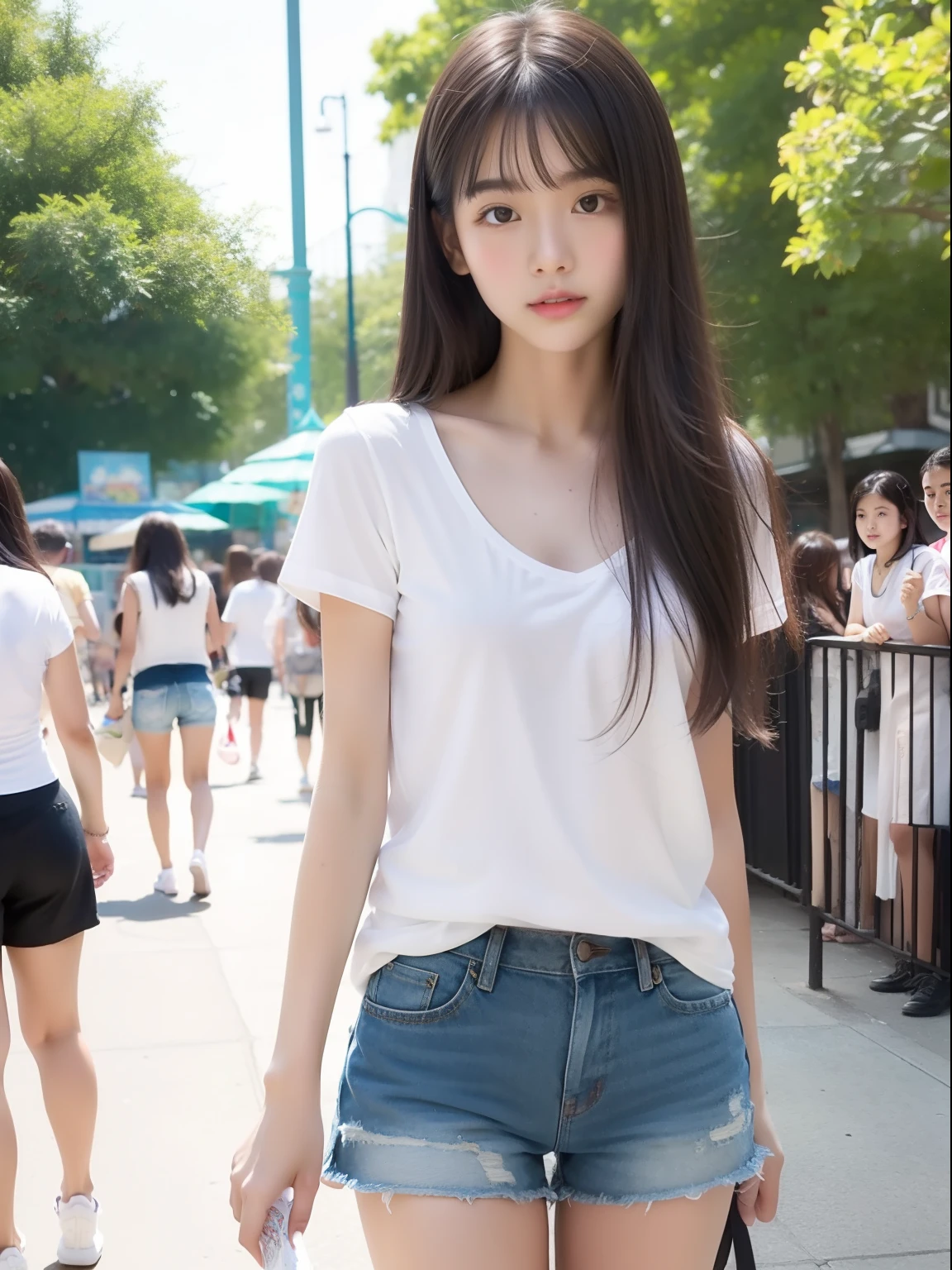 Araffe asian woman in short shorts and white shirt walking down a street -  SeaArt AI