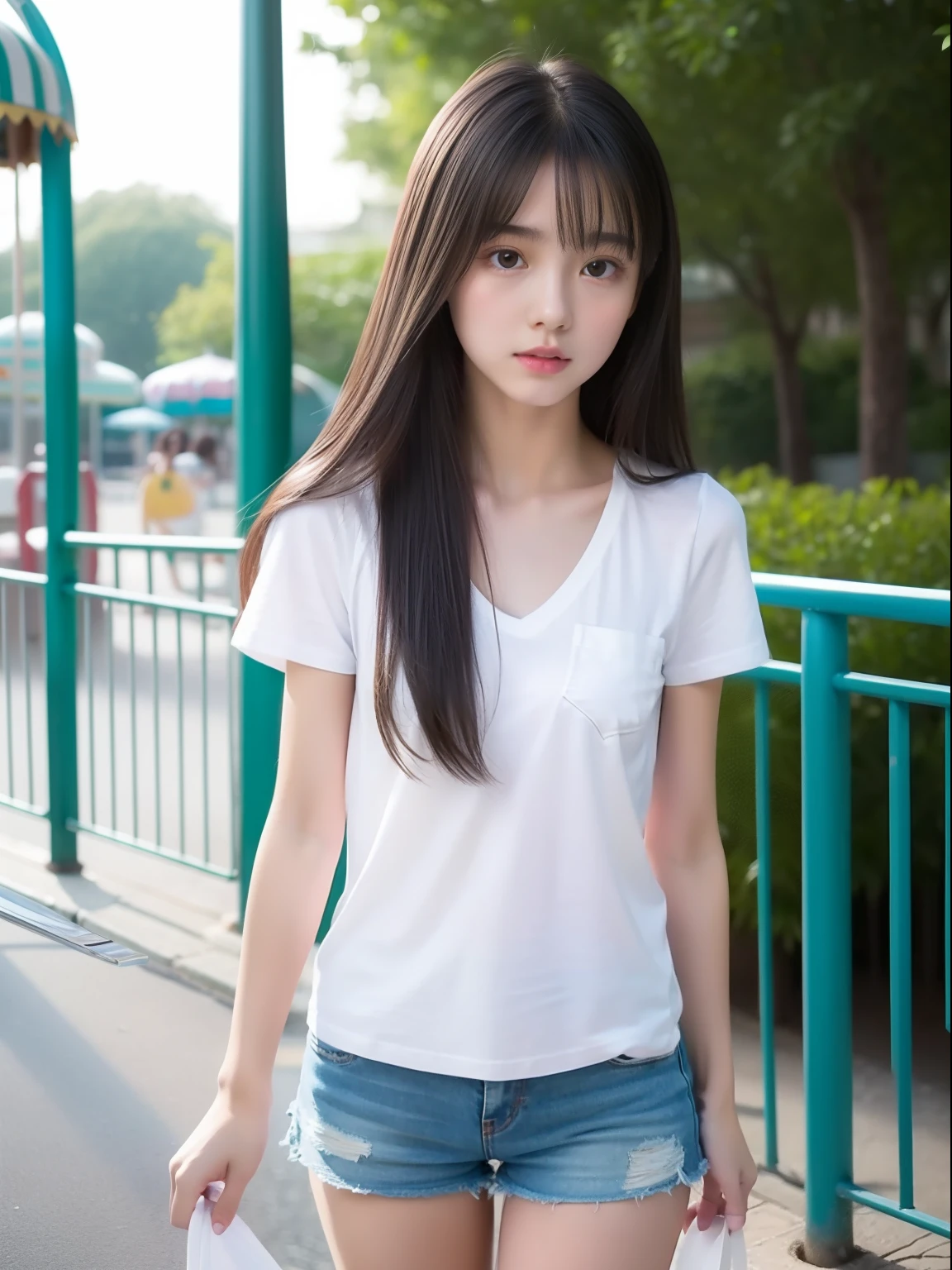 Araffe asian woman in white shirt and denim shorts walking down a sidewalk  - SeaArt AI