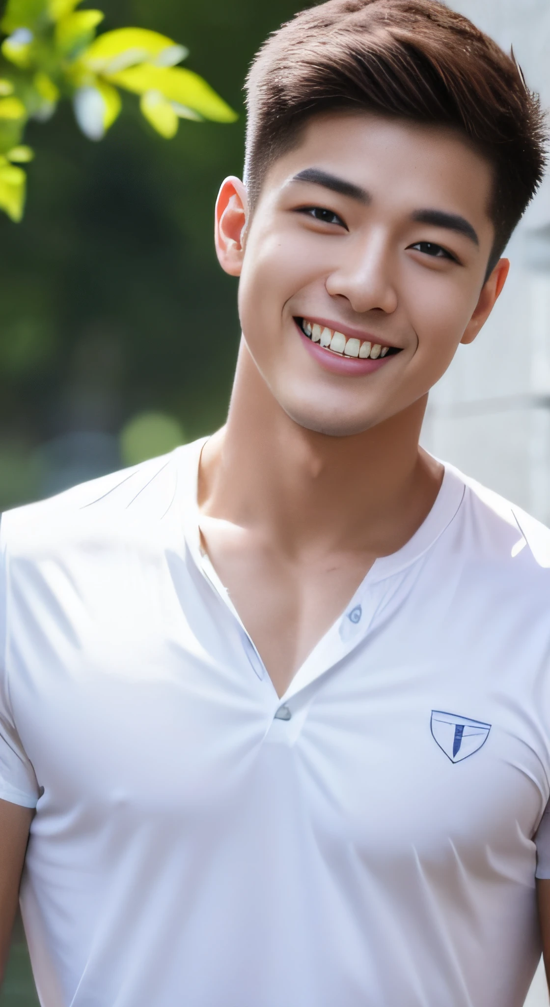 A handsome men ,20 age , Short Hair Hair, korea , thai student，((( Wear a white shirt.......))), front-view, smile ,Large pectoral muscles and wide shoulders............ athlete, glossy, Alone in the classroom., Table text and notes, head frame, Medium image, 8k resolution, high-detail, detailed hairstyle, detailed face, Octane Rendering, vibrant, Hyper-Realistic, Perfect limbs, perfect anatomy ,full entire body