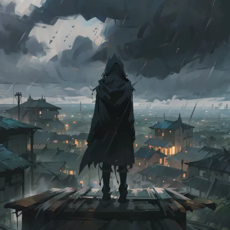 Anime artstyle, wearing a black hood, standing on top ofa roof,back facing the viewer, raining,cloudy,dark clouds, gritty,fog,mi...