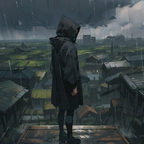 Anime artstyle, wearing a black hood, standing on top ofa roof,back facing the viewer, raining,cloudy,dark clouds, gritty,fog,mi...