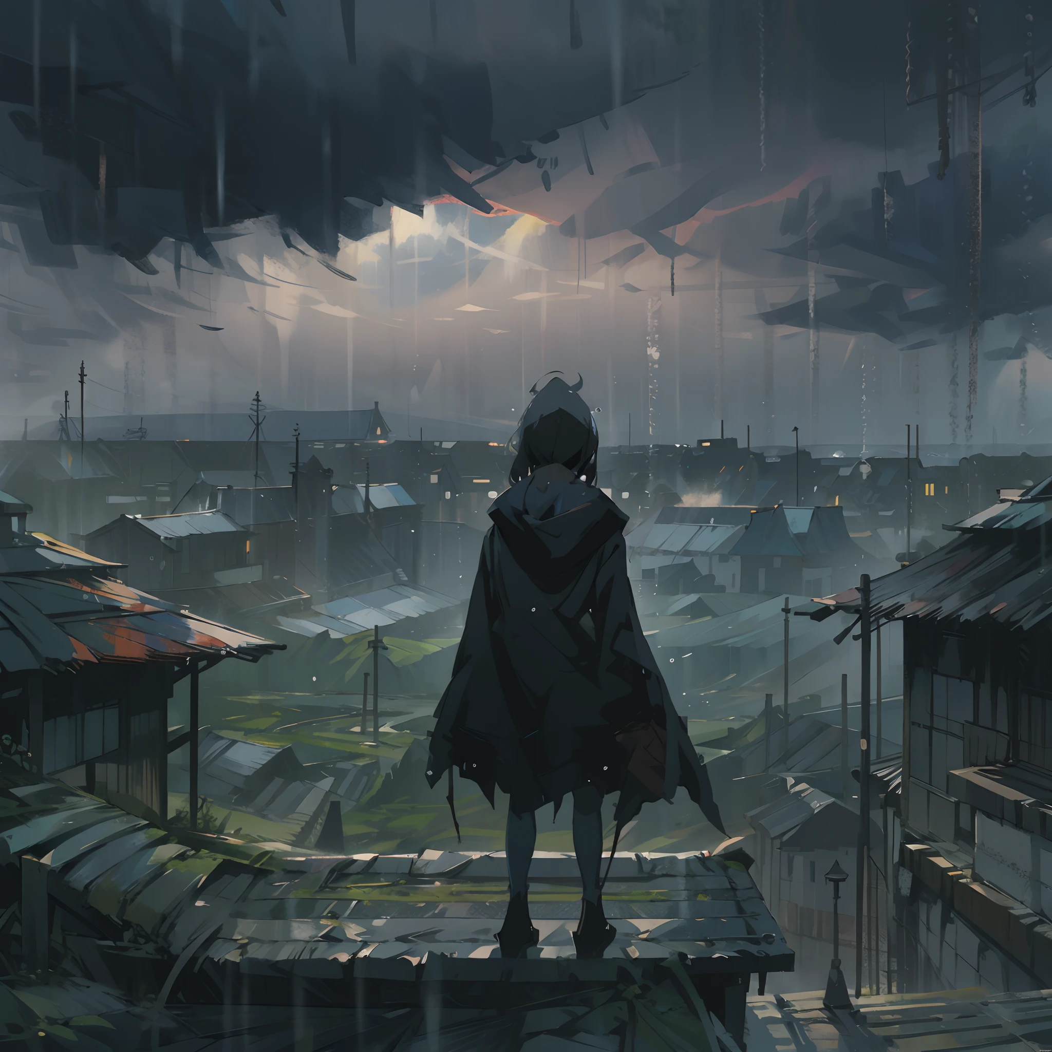 Anime artstyle, wearing a black hood, standing on top ofa roof,back facing the viewer, raining,cloudy,dark clouds, gritty,fog,misty village
