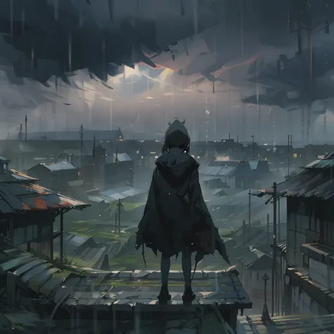 Anime artstyle, wearing a black hood, standing on top ofa roof,back facing the viewer, raining,cloudy,dark clouds, gritty,fog,mi...