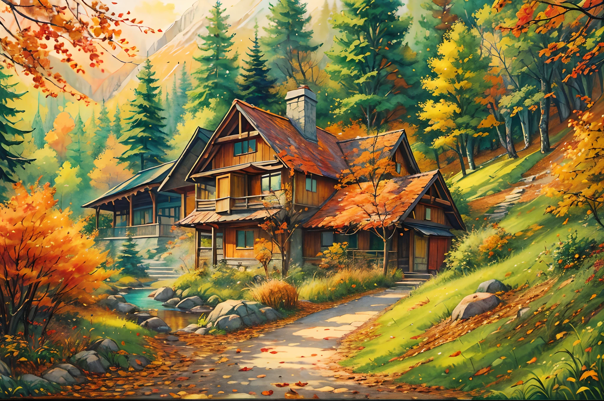 A secluded autumn resort deep in the mountains, The rustic-style cottages are set among colorful trees, Winding paths，It is covered with fallen leaves，Leads to a hidden lake, Peaceful and secluded feeling, Painting, watercolors on canvas