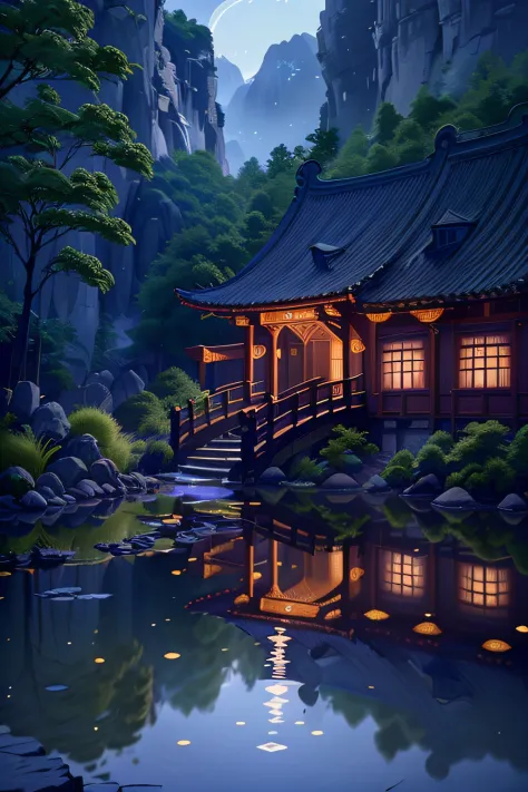 (Beautiful ancient Chinese architecture, Moonlight flashes, Lake at night, Shaded by bamboo forests, Stone bridge arch, Babbling...