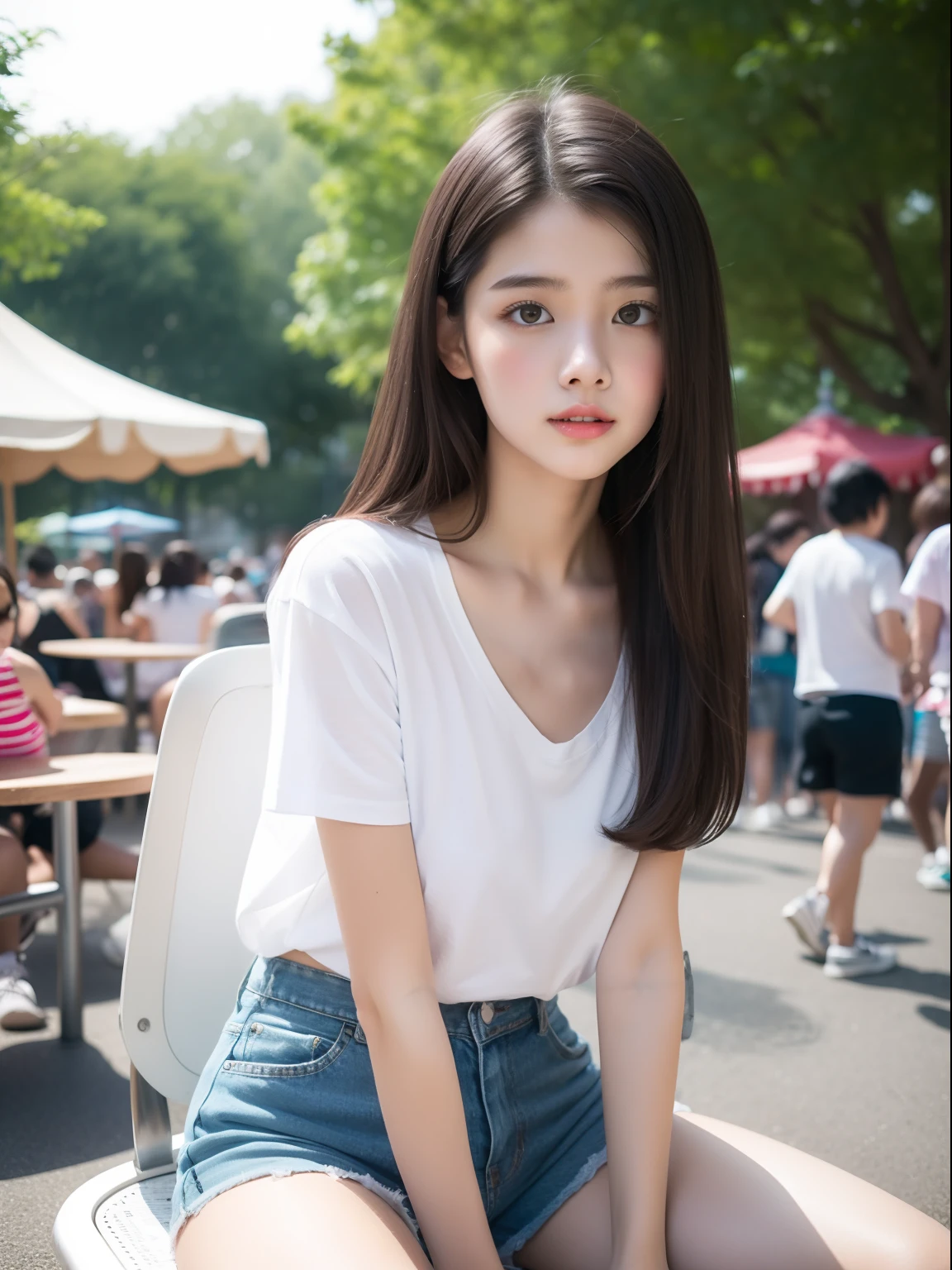 Sit up，young，shortpants，Long white T-shirt，teens girl，Delicate body， body，Delicate body，，tiny chest，A darK-haired，Very Longhair，An amusement park