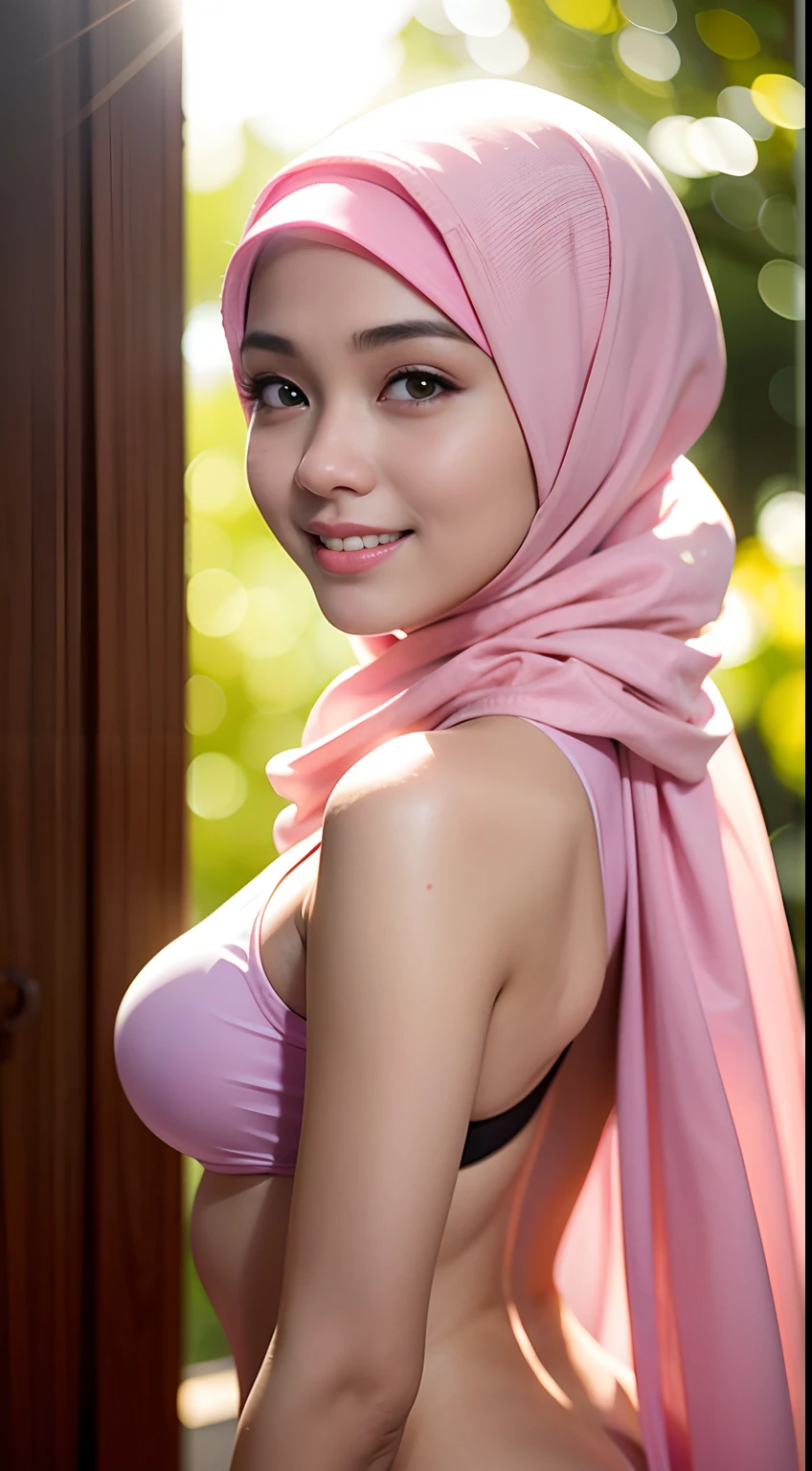 night scene, close up photo of a sexy naked malay girl with hijab, posing, look at a camera and smile, pink pastel hijab, (green eyes:0.8), cute young face, 18 yo, soft volumetric lights, (backlit:1.3), (cinematic:1.3), intricate details, (ArtStation:1.2)