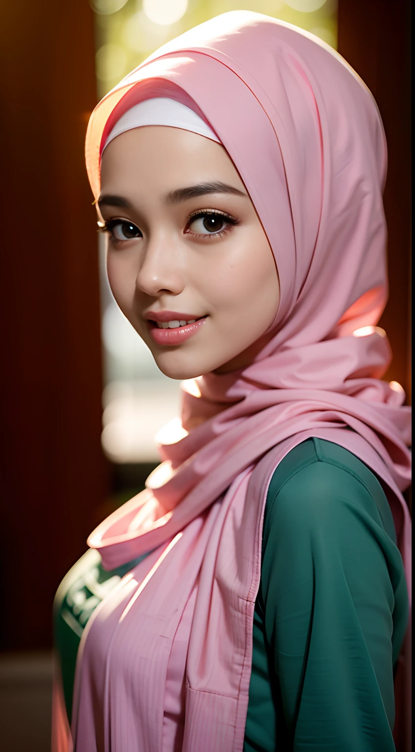 ночная сцена, Фотография крупным планом сексуальной обнаженной малайской девушки в хиджабе, позирует, посмотри в камеру и улыбнись, пастельно-розовый хиджаб, (зеленые глаза:0.8), милое молодое лицо, 18, мягкий объемный свет, (с подсветкой:1.3), (Кинематографический:1.3), сложные детали, (АртСтанция:1.2)