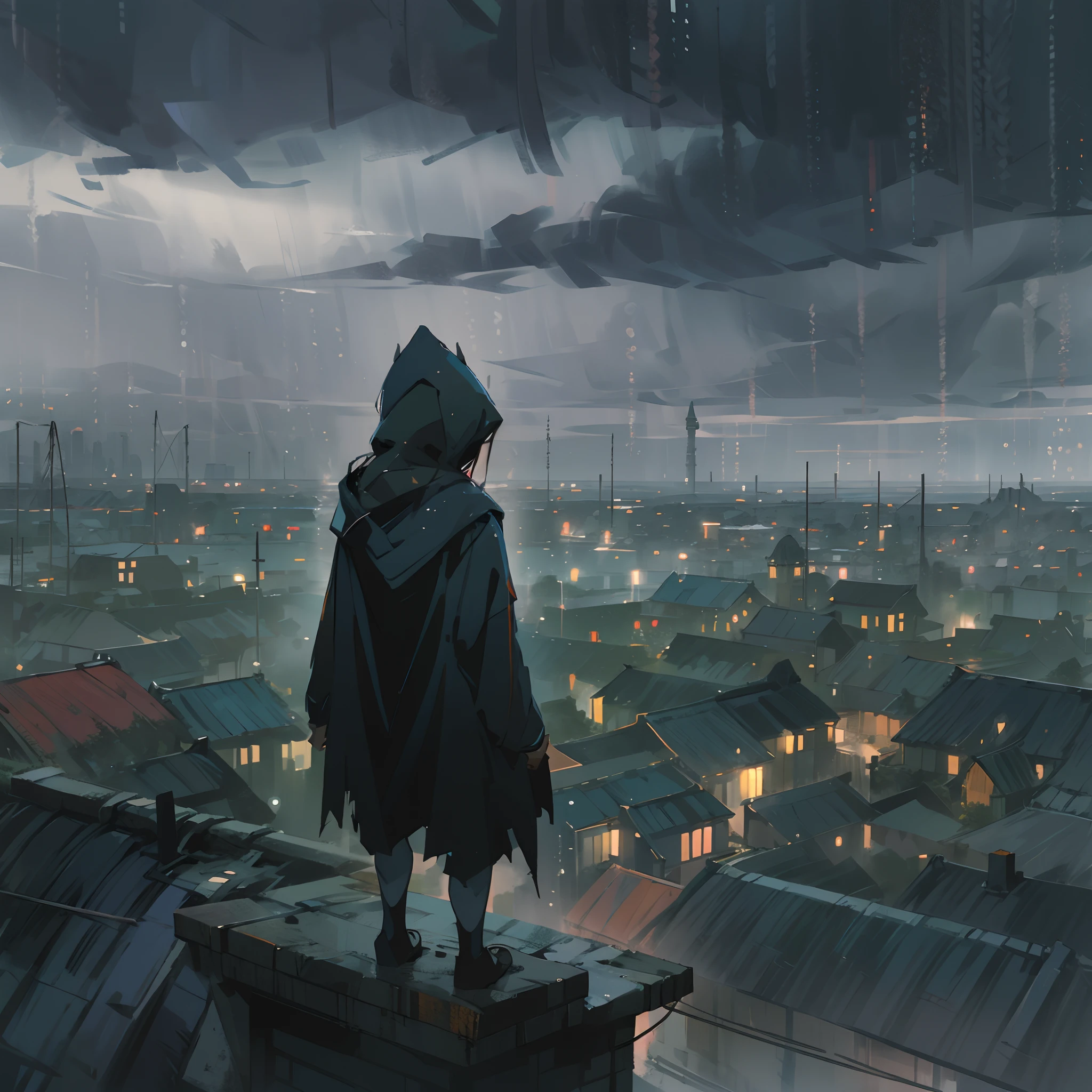 Anime artstyle, wearing a black hood, standing on top ofa roof,back facing the viewer, raining,cloudy,dark clouds, gritty,fog,misty village