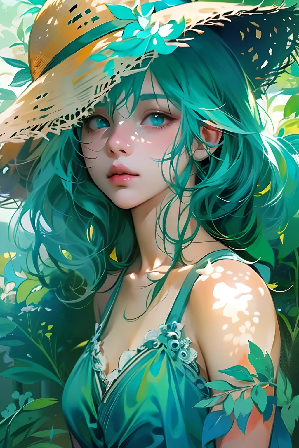 anime girl with blue hair wearing a straw hat and a blue dress, artwork in the style of guweiz, beautiful anime portrait, guweiz, beautiful anime girl, beautiful anime style, anime girl with teal hair, anime style. 8k, in the art style of bowater, beautiful digital illustration, beautiful character painting, stunning anime face portrait