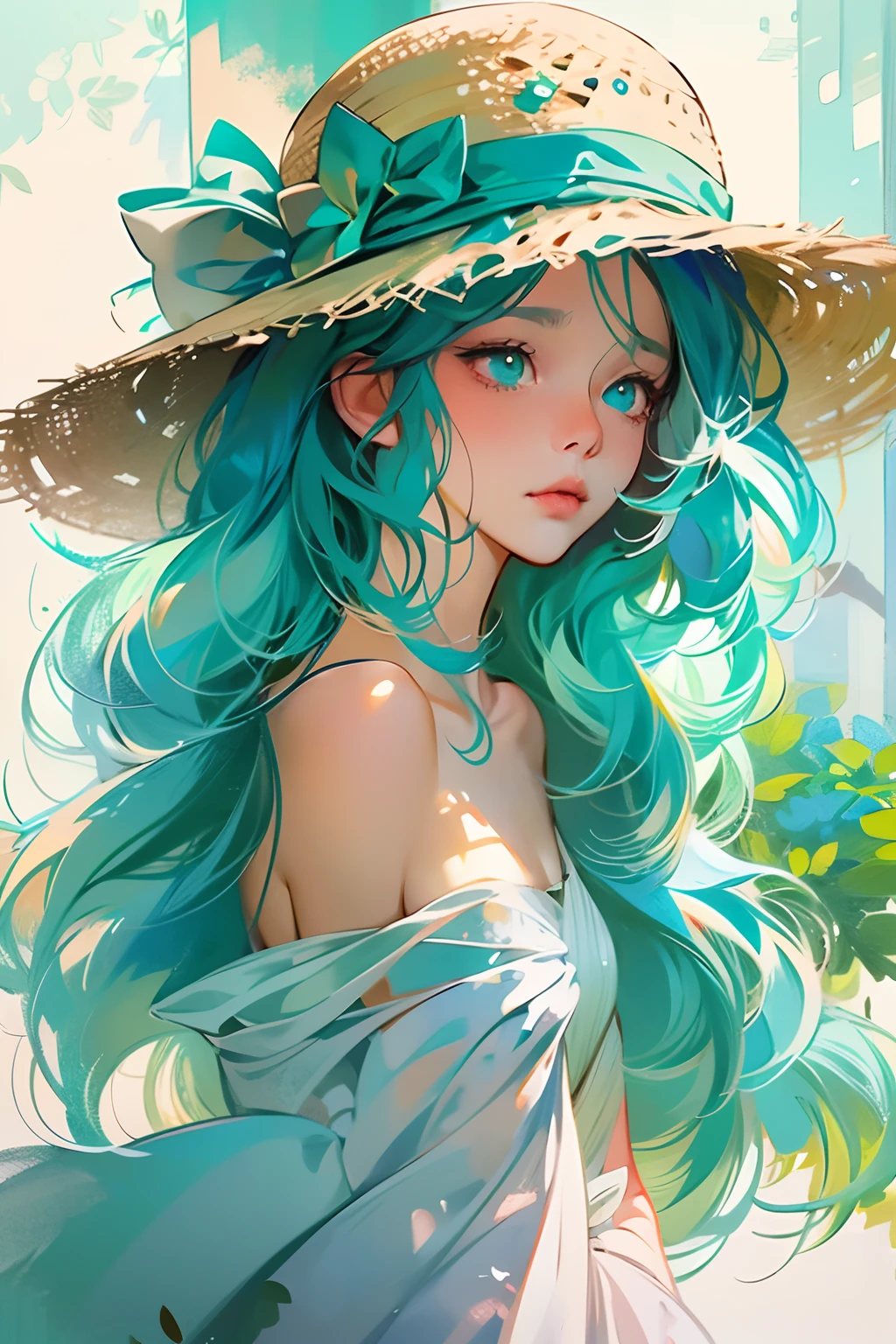 anime girl with blue hair wearing a straw hat and a blue dress, artwork in the style of guweiz, beautiful anime portrait, guweiz, beautiful anime girl, beautiful anime style, anime girl with teal hair, anime style. 8k, in the art style of bowater, beautiful digital illustration, beautiful character painting, stunning anime face portrait