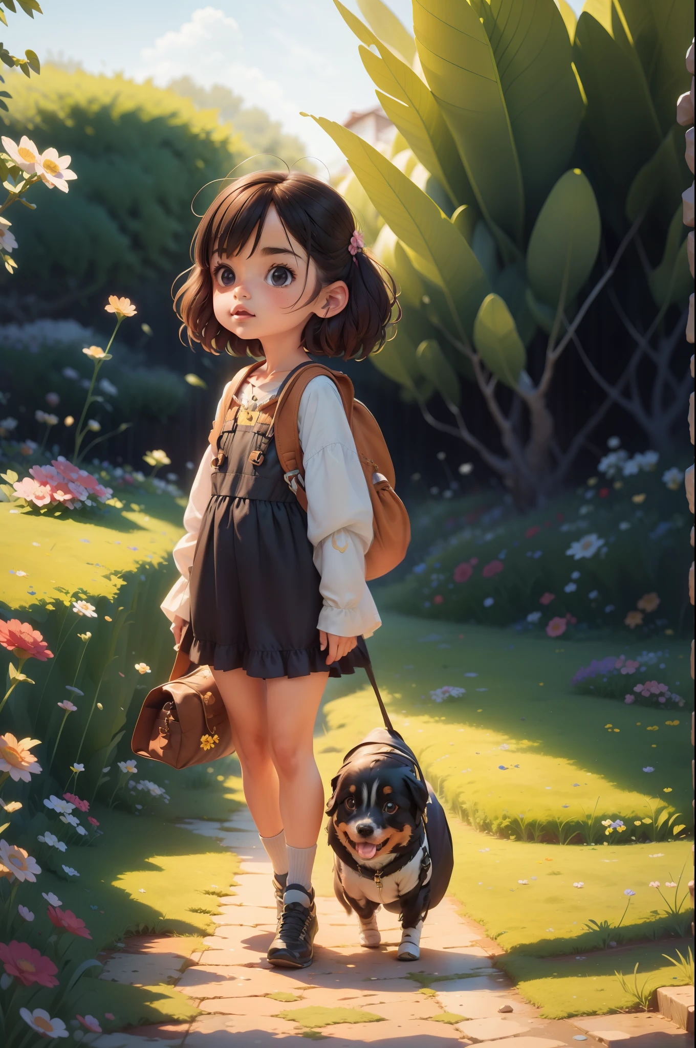 A very attractive girl with a backpack and a cute dog、Enjoying a cute spring excursion surrounded by beautiful yellow flowers and nature. Illustrations are high-definition illustrations in 4K resolution、Features highly detailed facial features and cartoon-style visuals