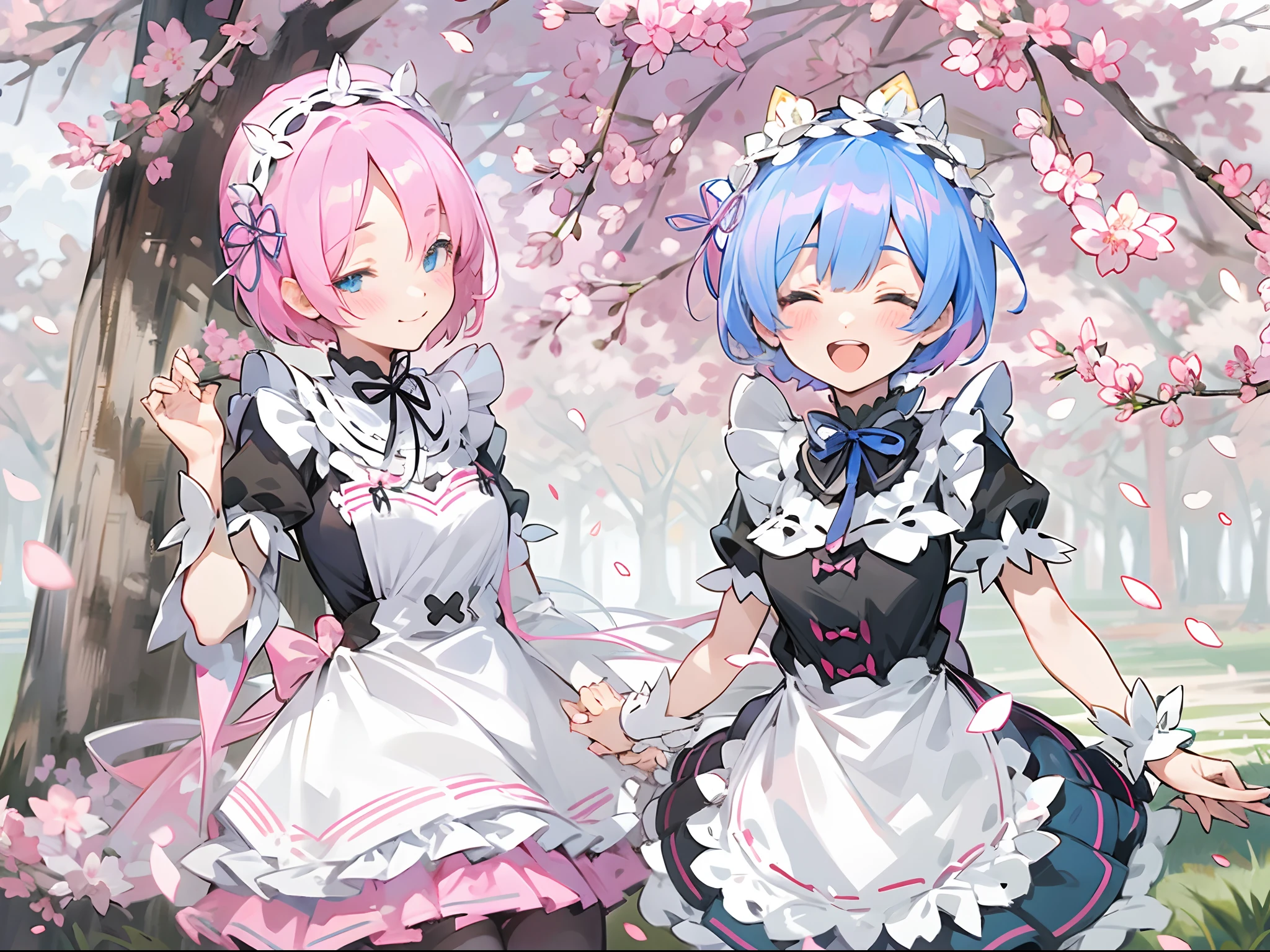 Anime girls in maid outfits are posing for a picture under a tree - SeaArt  AI